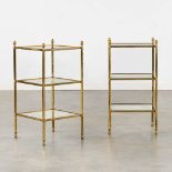 A pair of three-tier side tables, brass and 'fumed glass' in the style of Maison Jansen. (L:33 x W:3