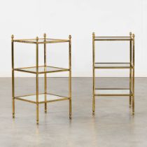 A pair of three-tier side tables, brass and 'fumed glass' in the style of Maison Jansen. (L:33 x W:3