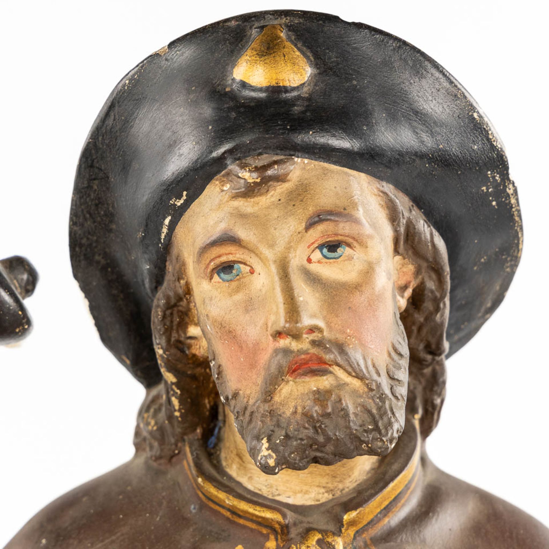 An antique figurine of Saint Rochus, patinated plaster. Circa 1900. (L:27 x W:27 x H:88 cm) - Image 7 of 16