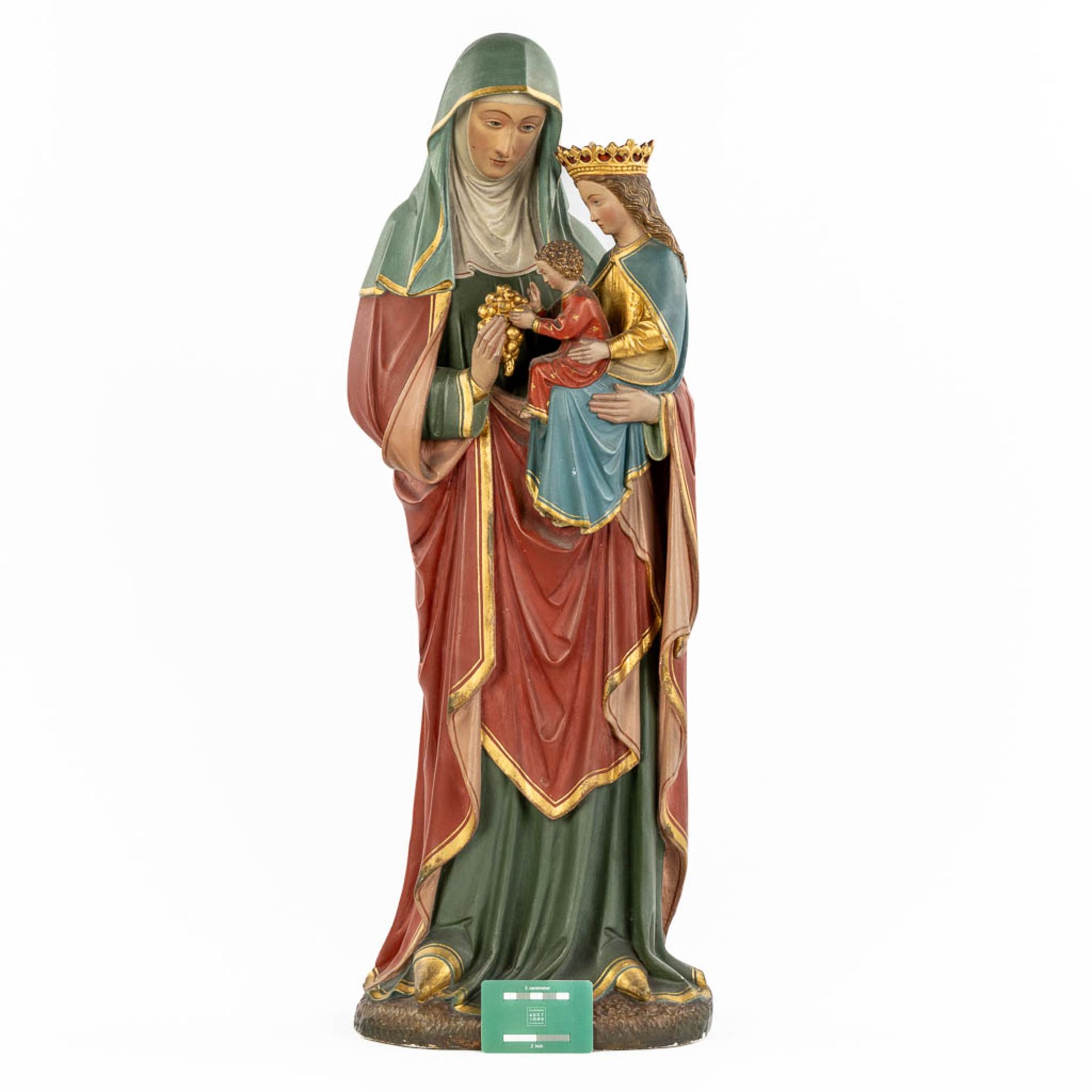 An antique figurine 'Virgin and Child with Saint Anne' patinated plaster. Circa 1900. (L:23 x W:27 x - Image 2 of 13