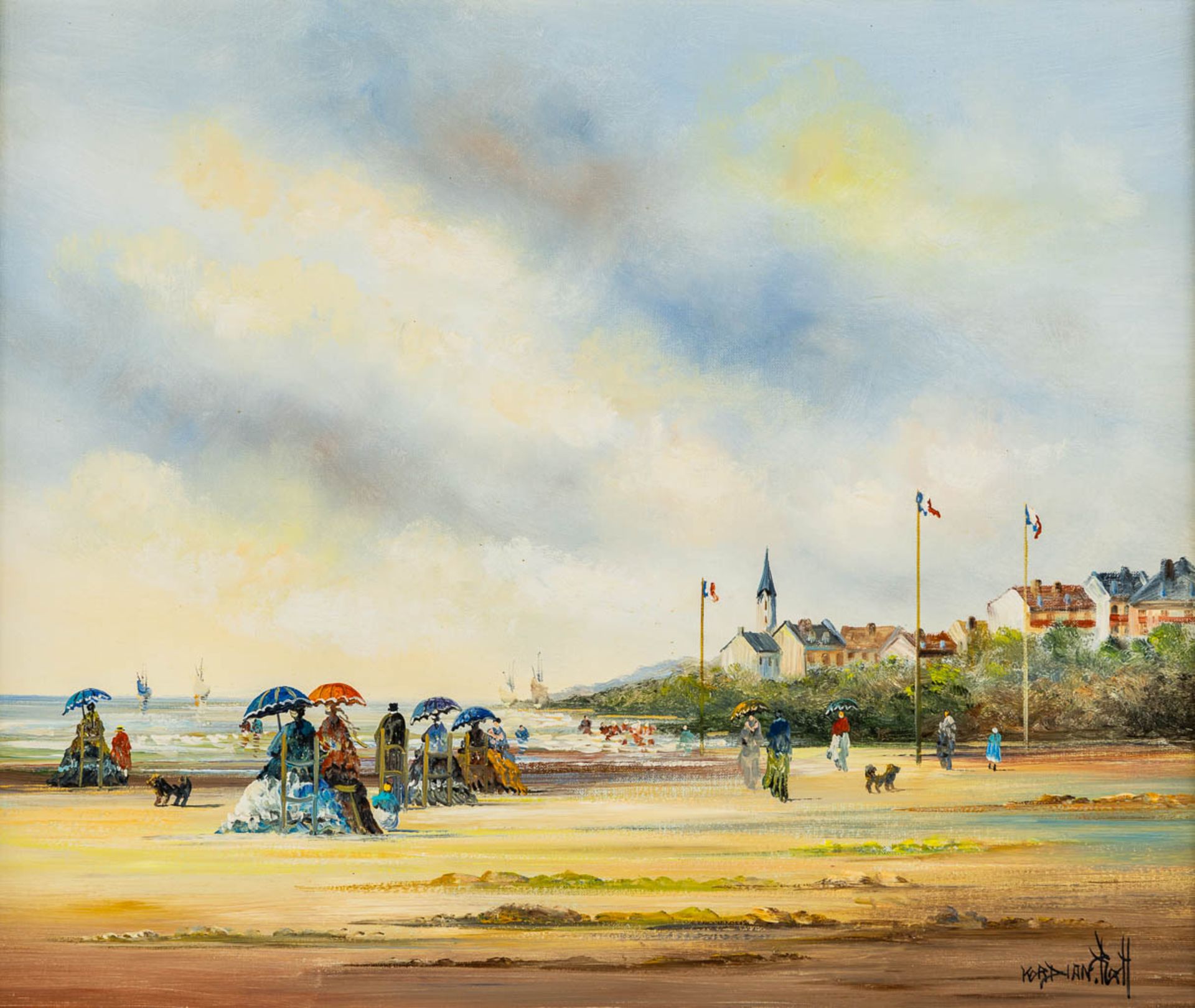 Roch KORDIAN (1950) 'View of the beach' oil on canvas. (W:55 x H:46 cm)