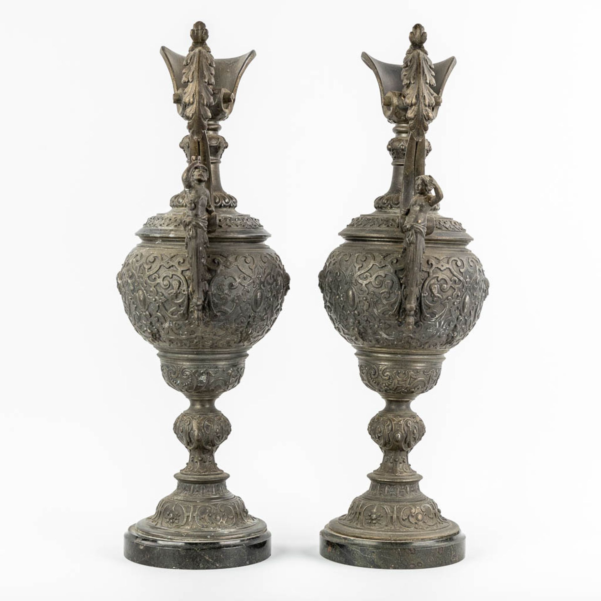 A pair of decorative pitchers, spelter on a marble base. Circa 1900. (L:18 x W:23 x H:56 cm) - Image 4 of 14