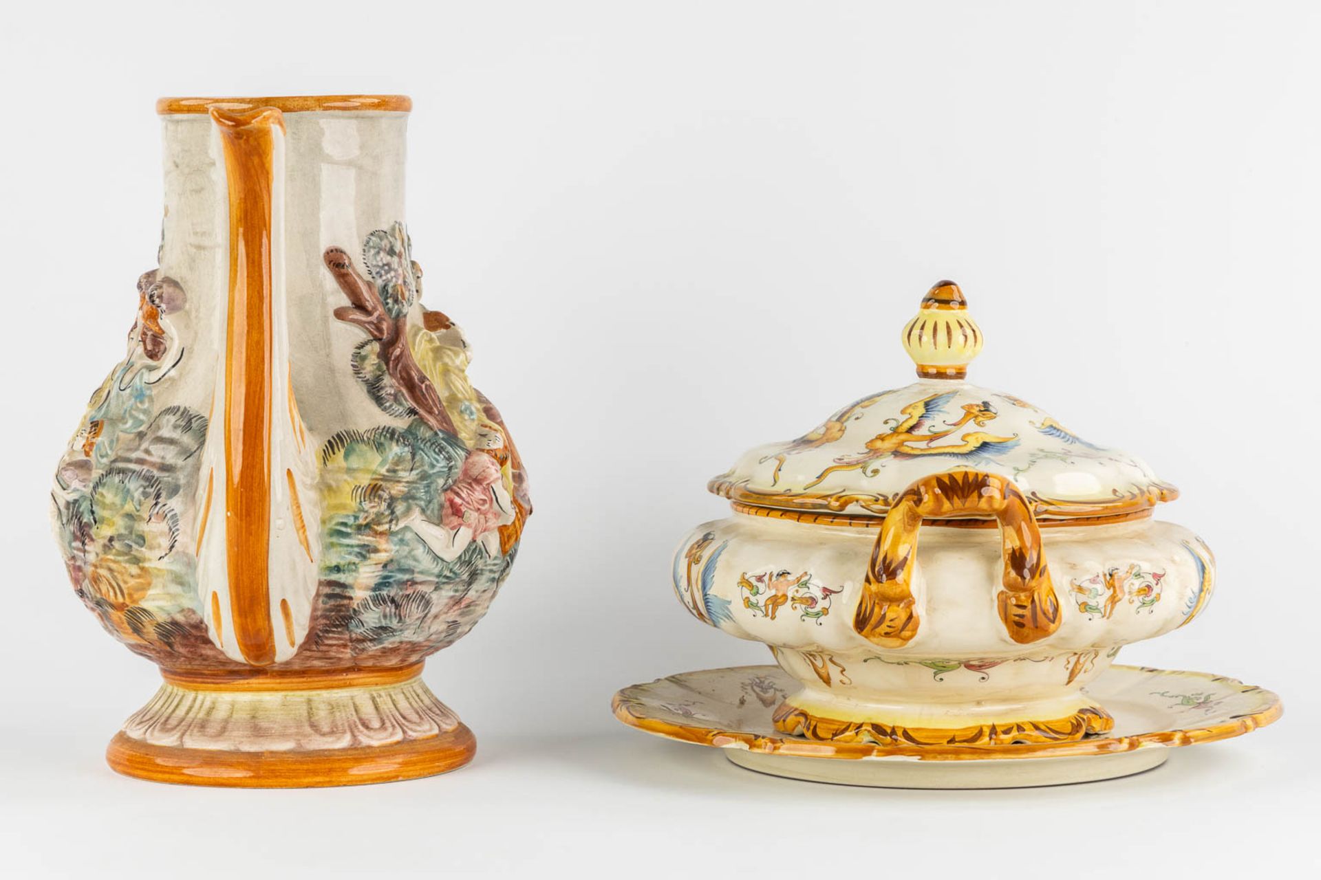 Capodimonte, 5 large pitchers, vases and urns. Glazed faience. (L:23 x W:31 x H:50 cm) - Image 18 of 31