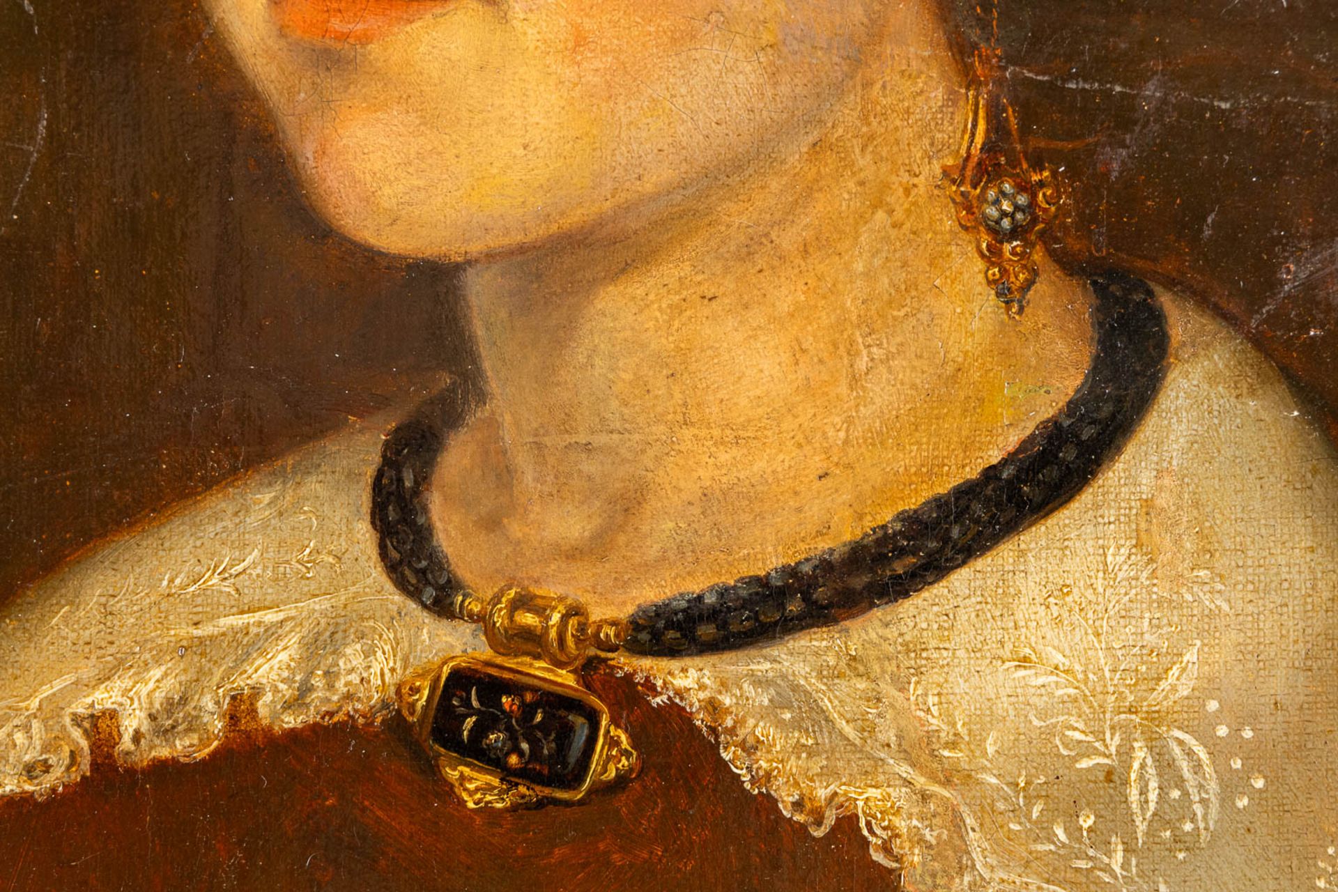 An antique portrait of a lady, oil on canvas. (W:50 x H:62 cm) - Bild 5 aus 9