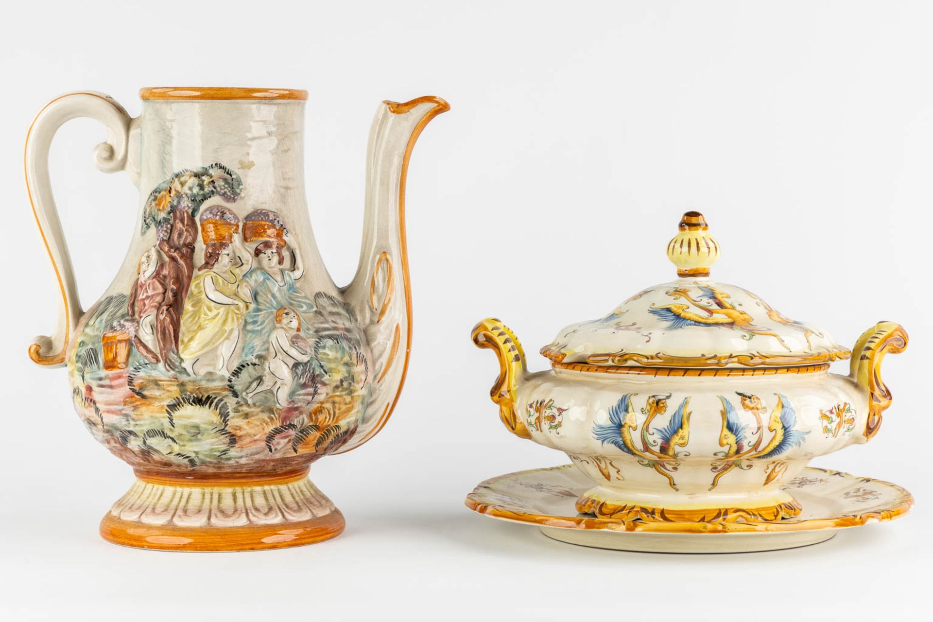 Capodimonte, 5 large pitchers, vases and urns. Glazed faience. (L:23 x W:31 x H:50 cm) - Image 15 of 31