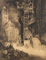 Jules DE BRUYCKER (1870-1945) 'Het Ophalen Des Draak Op Het Belfort Van Gent Anno 1914' an etching.