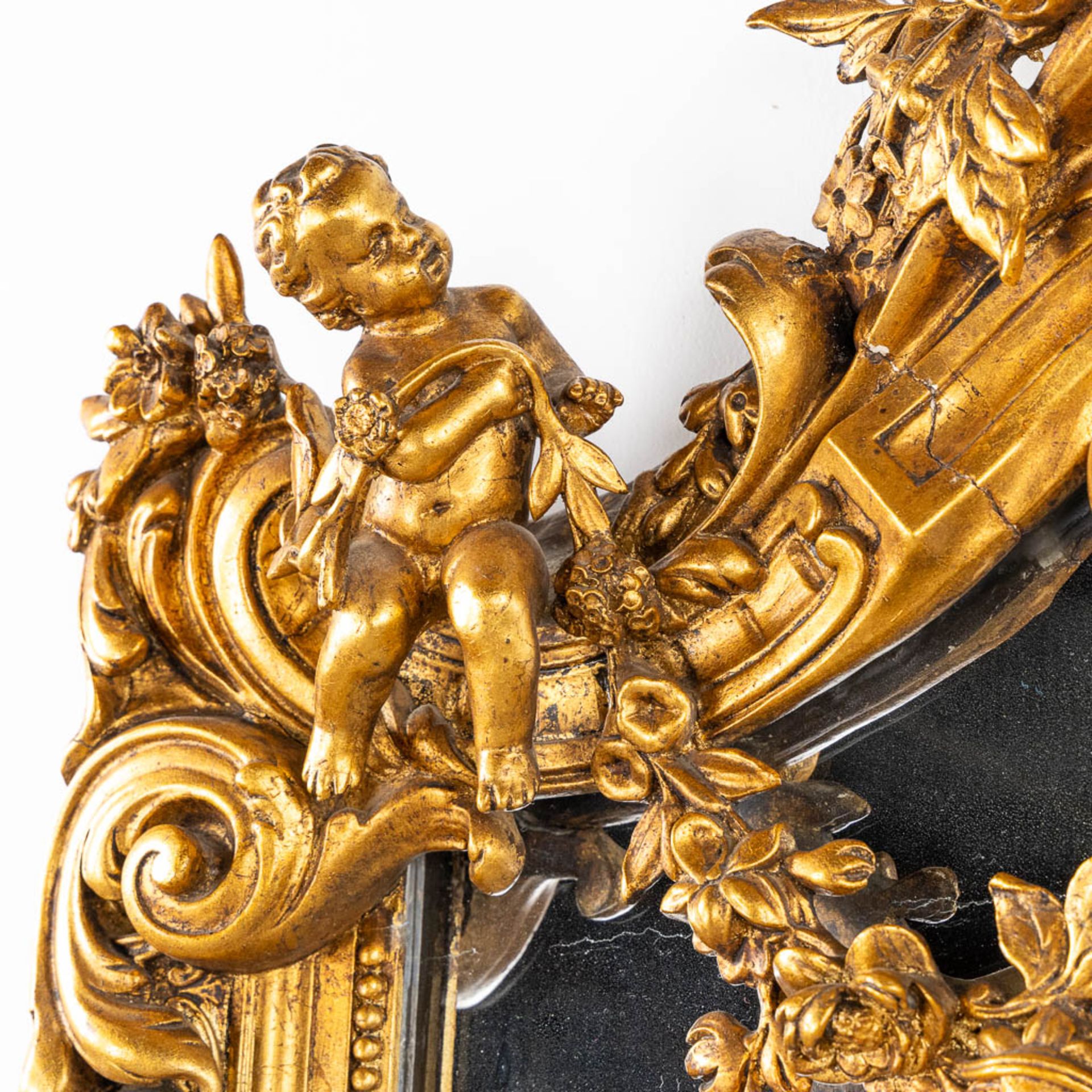 A mirror, sculptured wood, and stucco in a Louis XV style. 20th C. (W:110 x H:218 cm) - Image 9 of 13