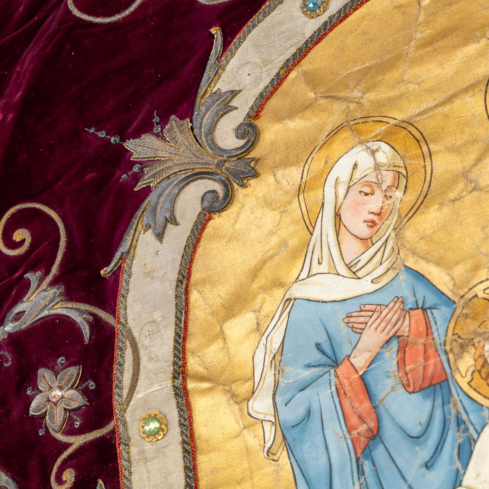 An antique banner with thick gold-thread embroideries and an image of 'The Holy Family'. (W:100 x H: - Image 10 of 12