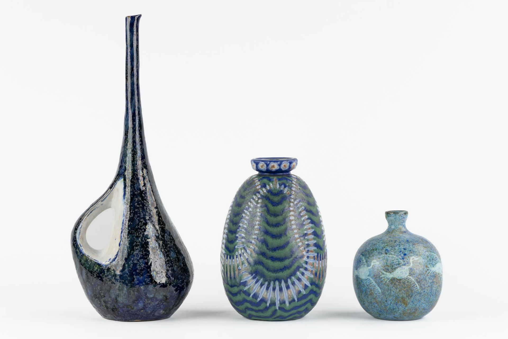 Three ceramic vases with a blue glaze. Revernay, Bertocci en Vallauris. Circa 1960. (L:13 x W:16 x H - Image 3 of 17