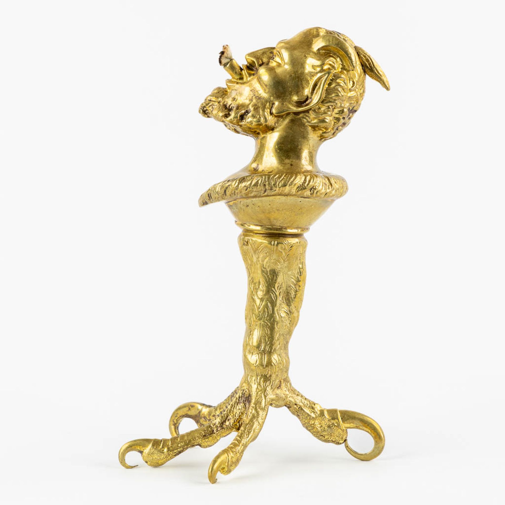 An antique Cigarette or Cigar lighter, gilt bronze in the shape of a Satyr/Devil. 19th/20th C. (L:14 - Image 4 of 10