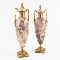 A pair of marble cassolettes mounted with bronze, Empire style. 19th C. (L:11 x W:13 x H:43 cm)