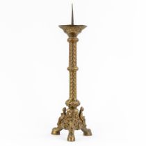 A church candlestick, bronze in Neoroman style with images of saints. 19th C. (L:18 x W:18 x H:64 cm