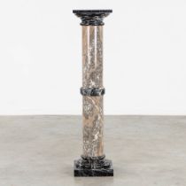 An antique pedestal, black, grey and brown marble. Circa 1900. (L:27 x W:27 x H:115 cm)
