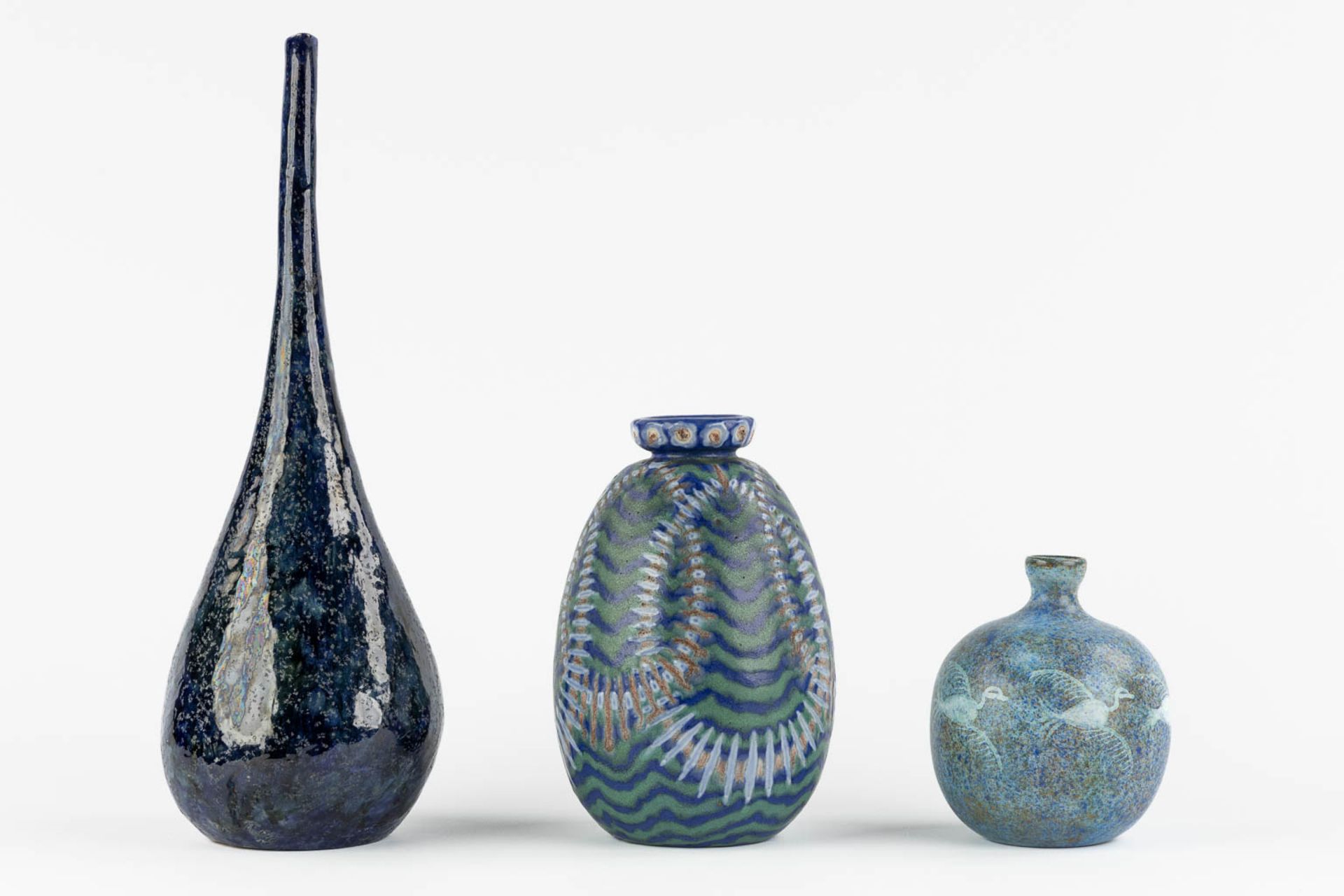 Three ceramic vases with a blue glaze. Revernay, Bertocci en Vallauris. Circa 1960. (L:13 x W:16 x H - Image 6 of 17