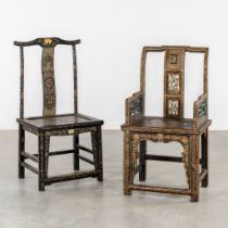 Two Chinese chairs, patinated wood decorated with Foo Lions and floral decor. 19th/20th C. (L:46 x W
