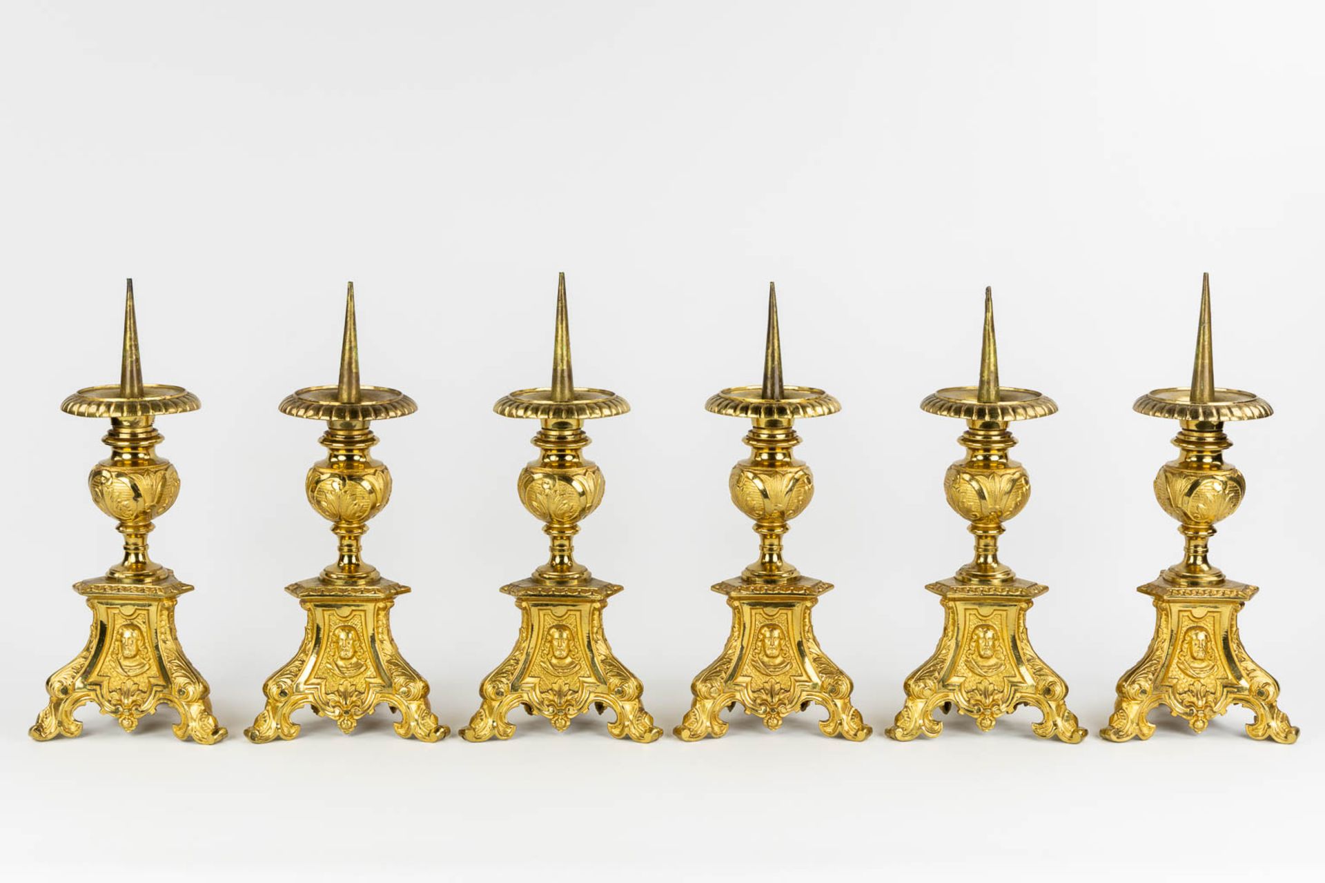 Six Church candlesticks, bronze in a Baroque style with images of Jesus, Mary and Joseph. (H:42 x D: - Image 3 of 13