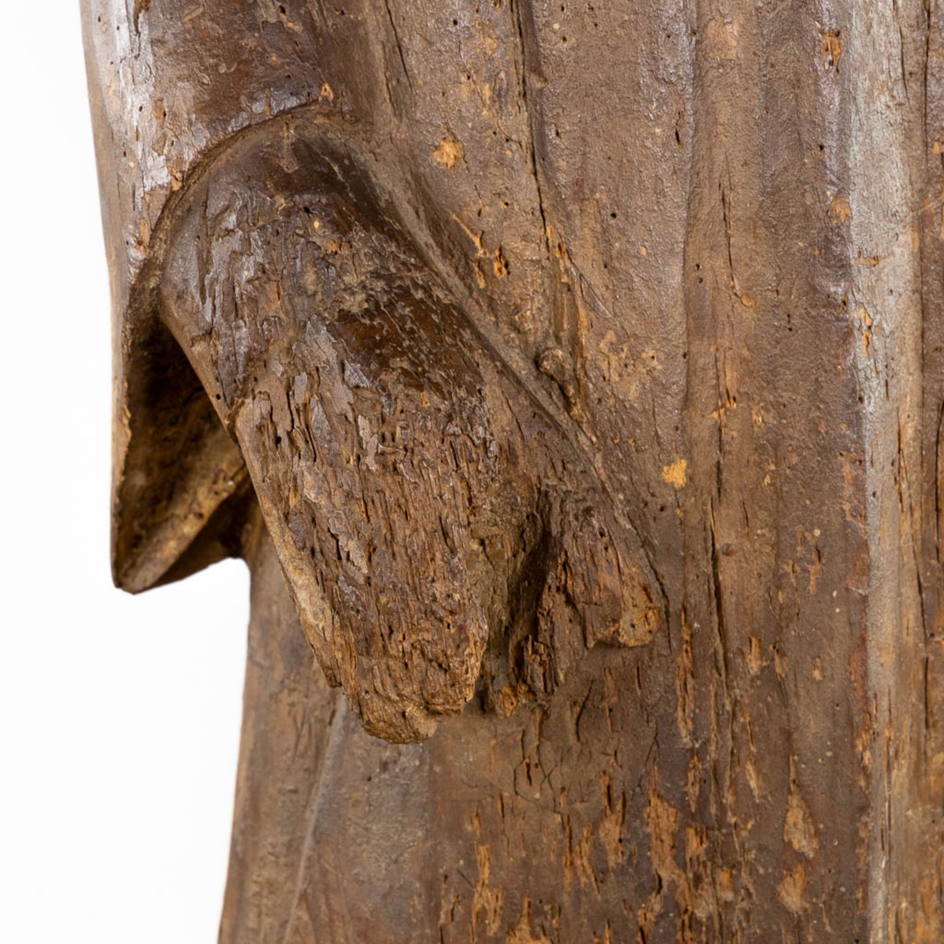 An antique wood-sculptured figurine of Saint John. 14th C. (L:21 x W:31 x H:140 cm) - Image 10 of 12