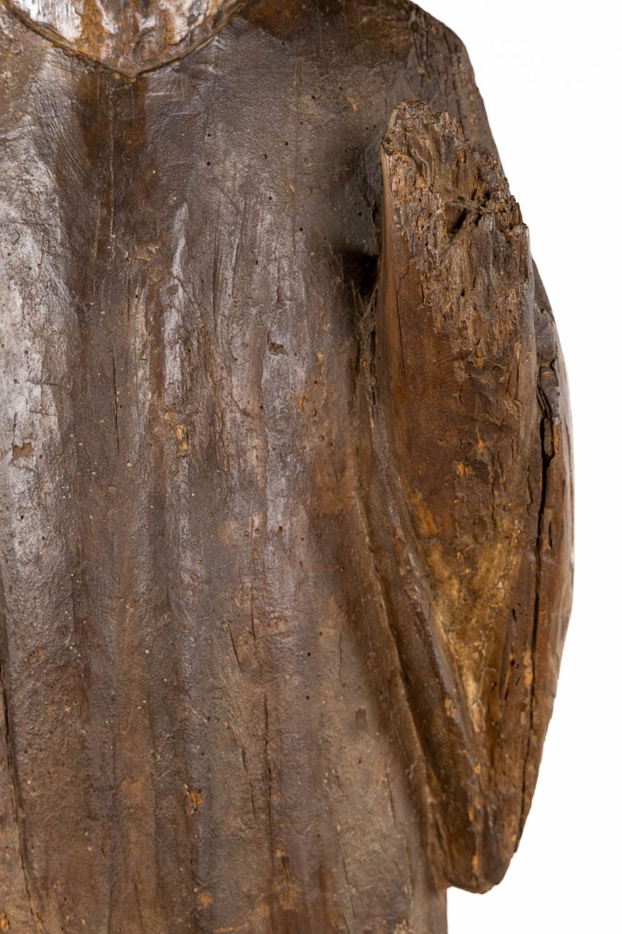 An antique wood-sculptured figurine of Saint John. 14th C. (L:21 x W:31 x H:140 cm) - Image 9 of 12