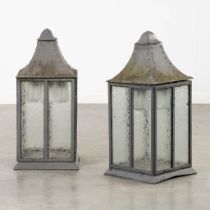 A pair of gardejn lamps, zinc and glass, circa 1950. (L:33 x W:33 x H:70 cm)