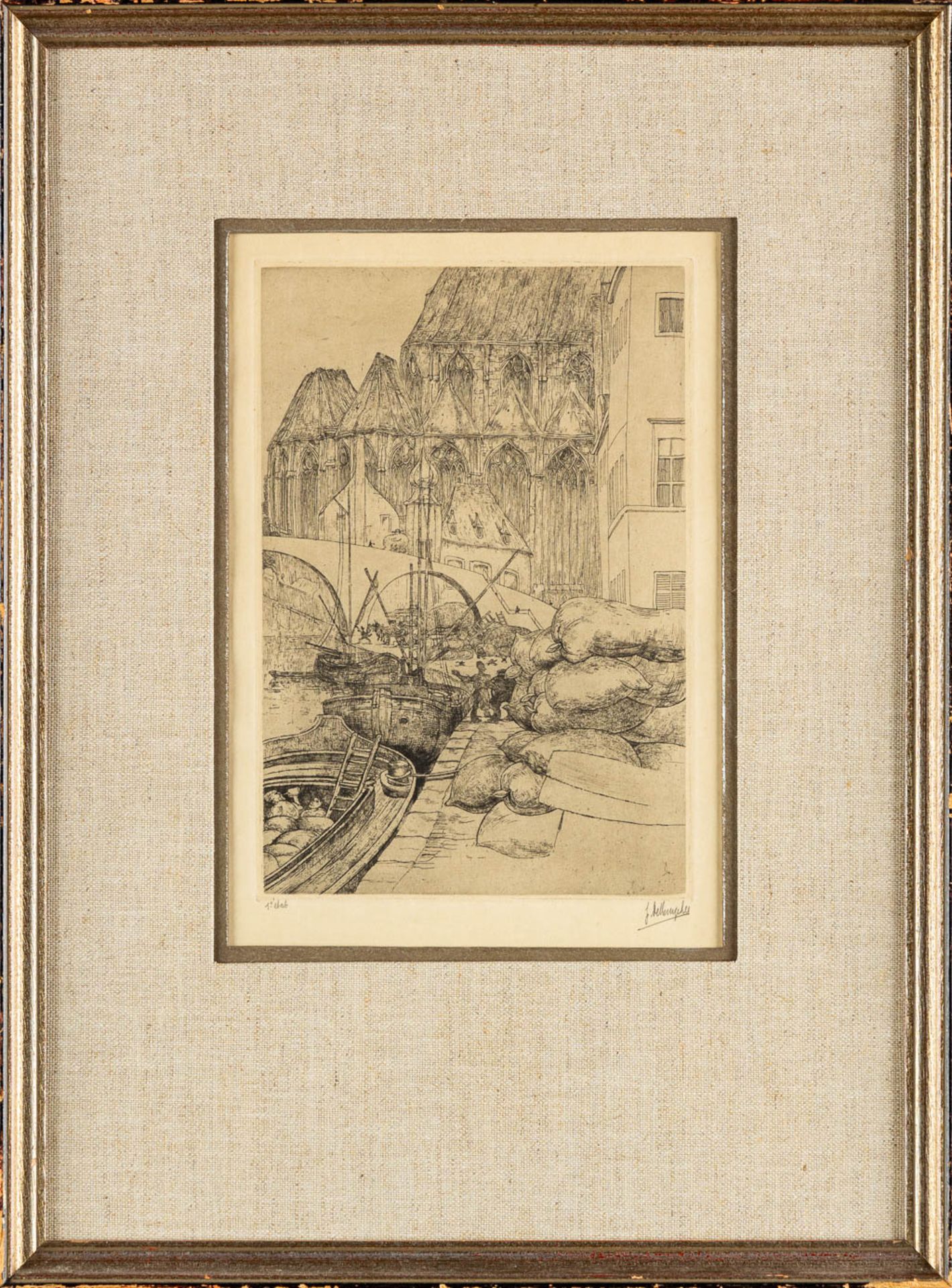 Jules DE BRUYCKER (1870-1945) 'Quai Au Blé/Korenlei Ghent' an etching. (W:16 x H:23 cm) - Bild 3 aus 7