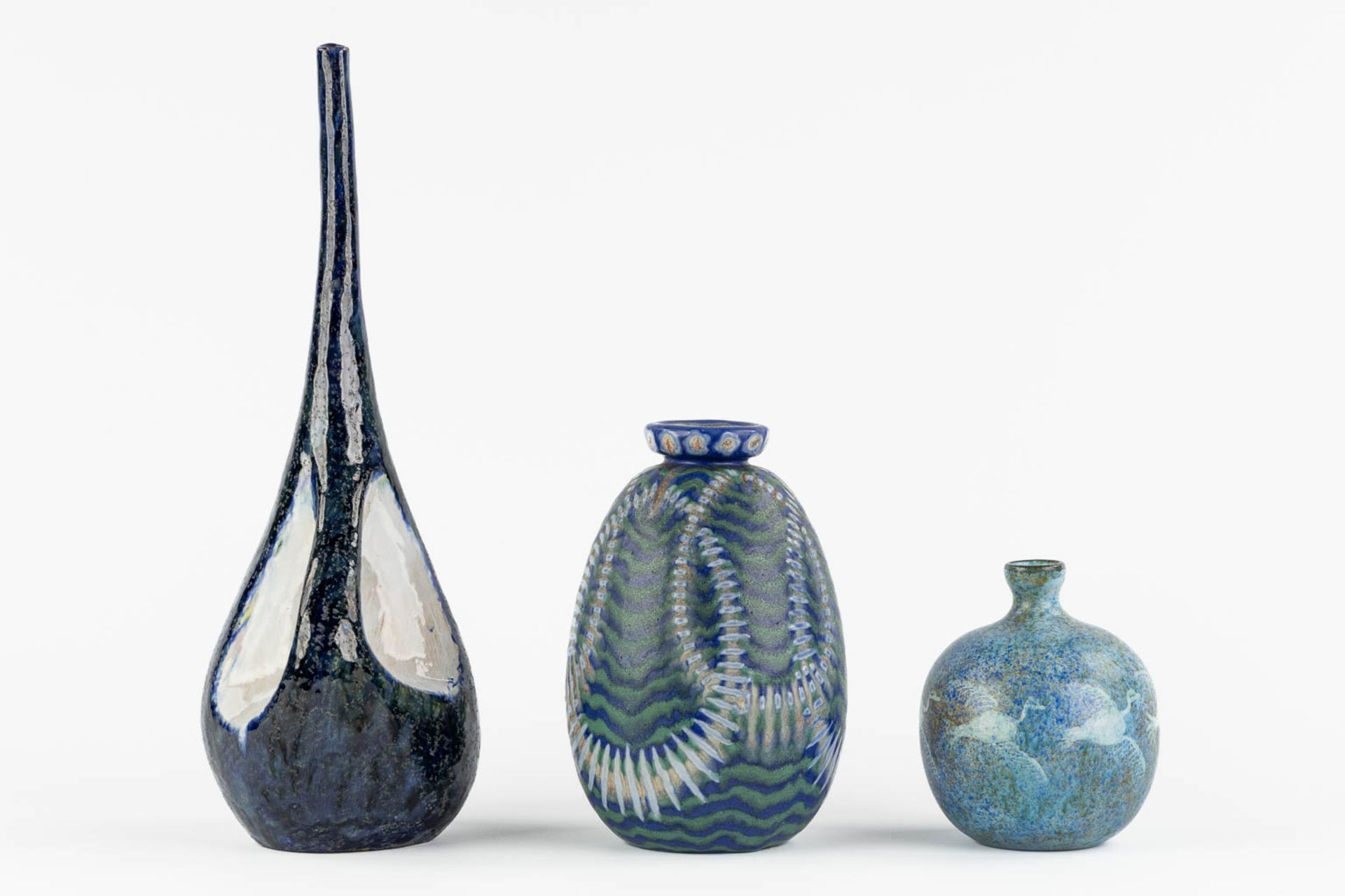 Three ceramic vases with a blue glaze. Revernay, Bertocci en Vallauris. Circa 1960. (L:13 x W:16 x H - Image 4 of 17