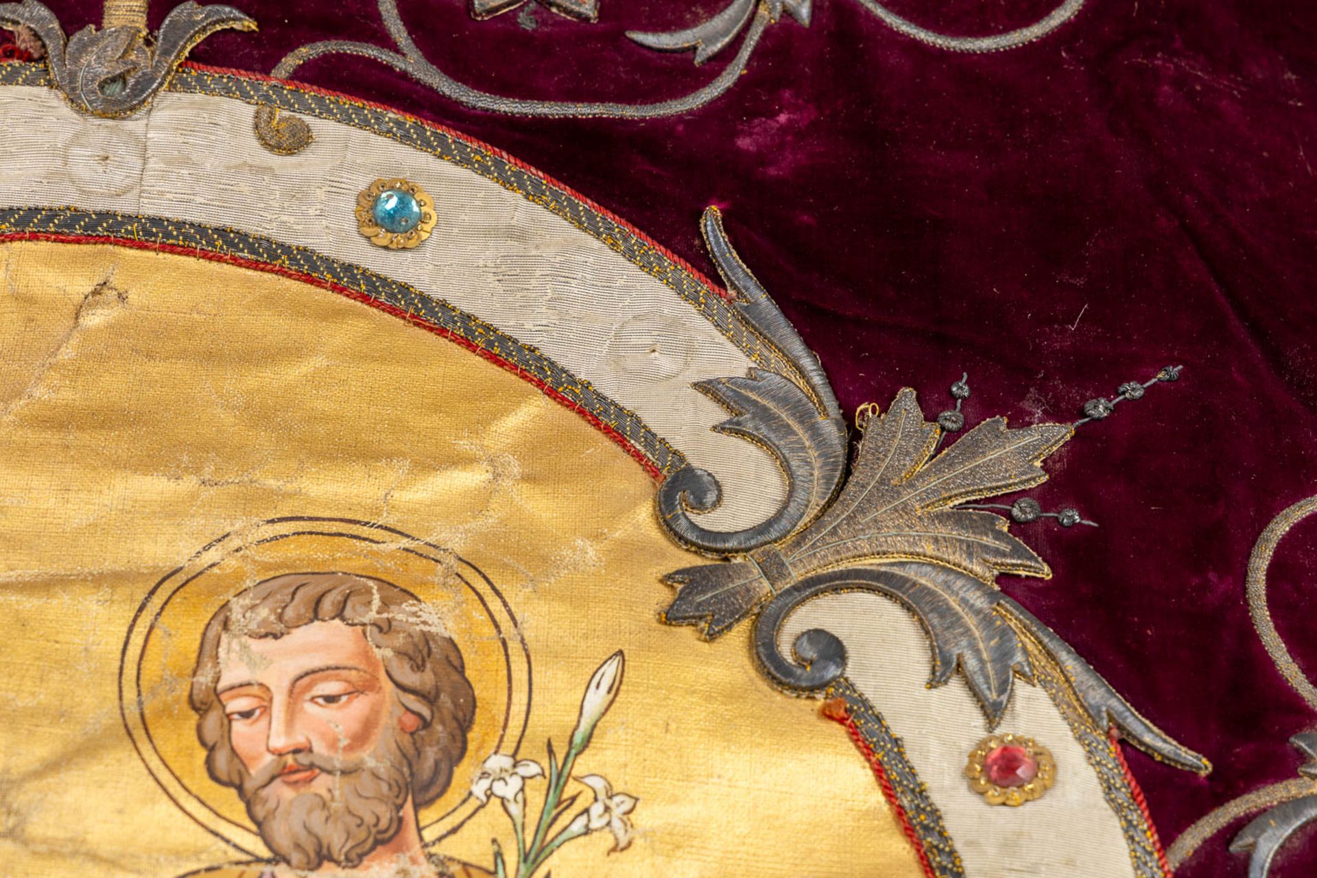 An antique banner with thick gold-thread embroideries and an image of 'The Holy Family'. (W:100 x H: - Image 11 of 12