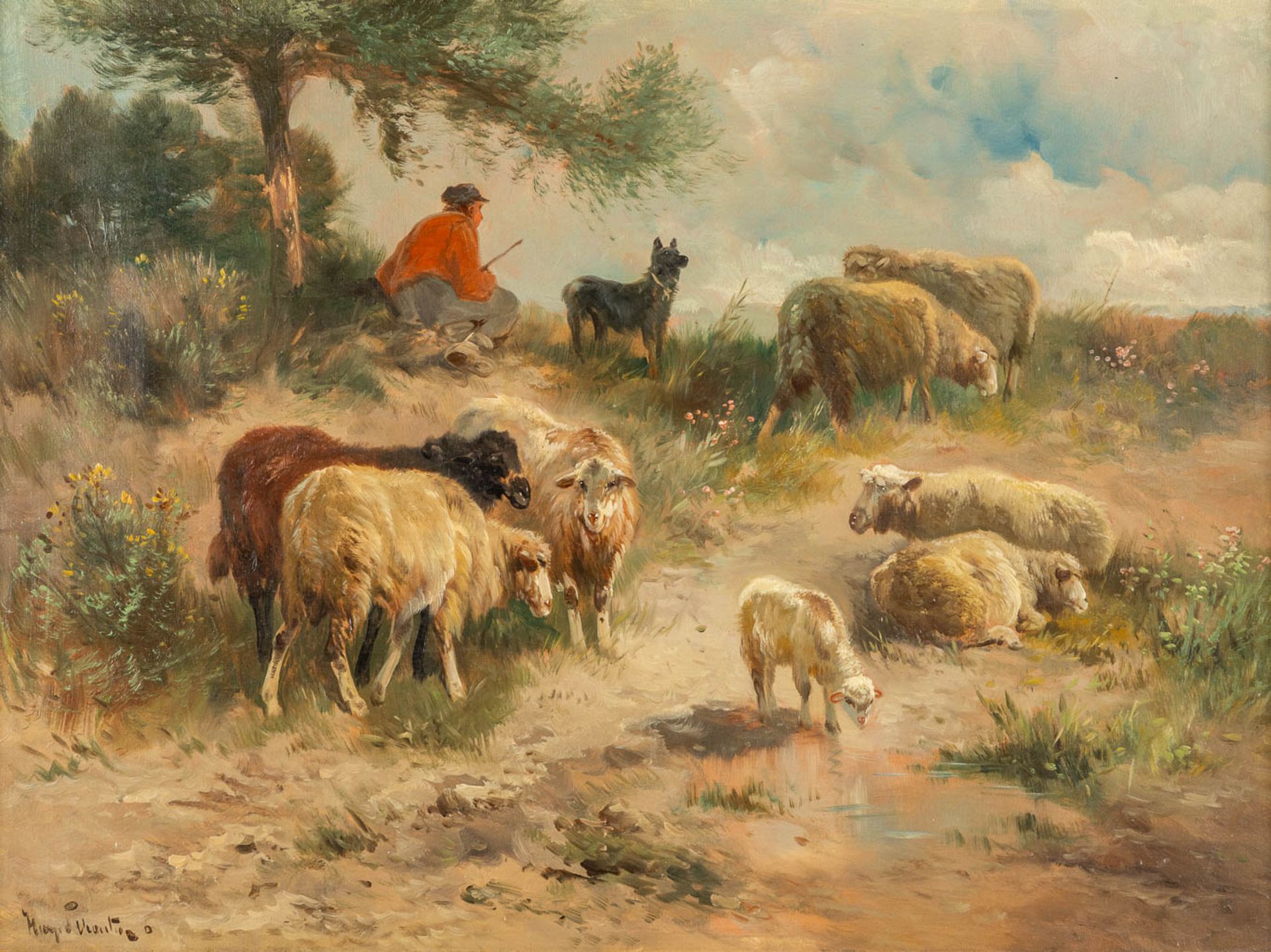 Henry SCHOUTEN (1857/64-1927) 'Sheep herder on the look' oil on canvas. (W:80 x H:60 cm)
