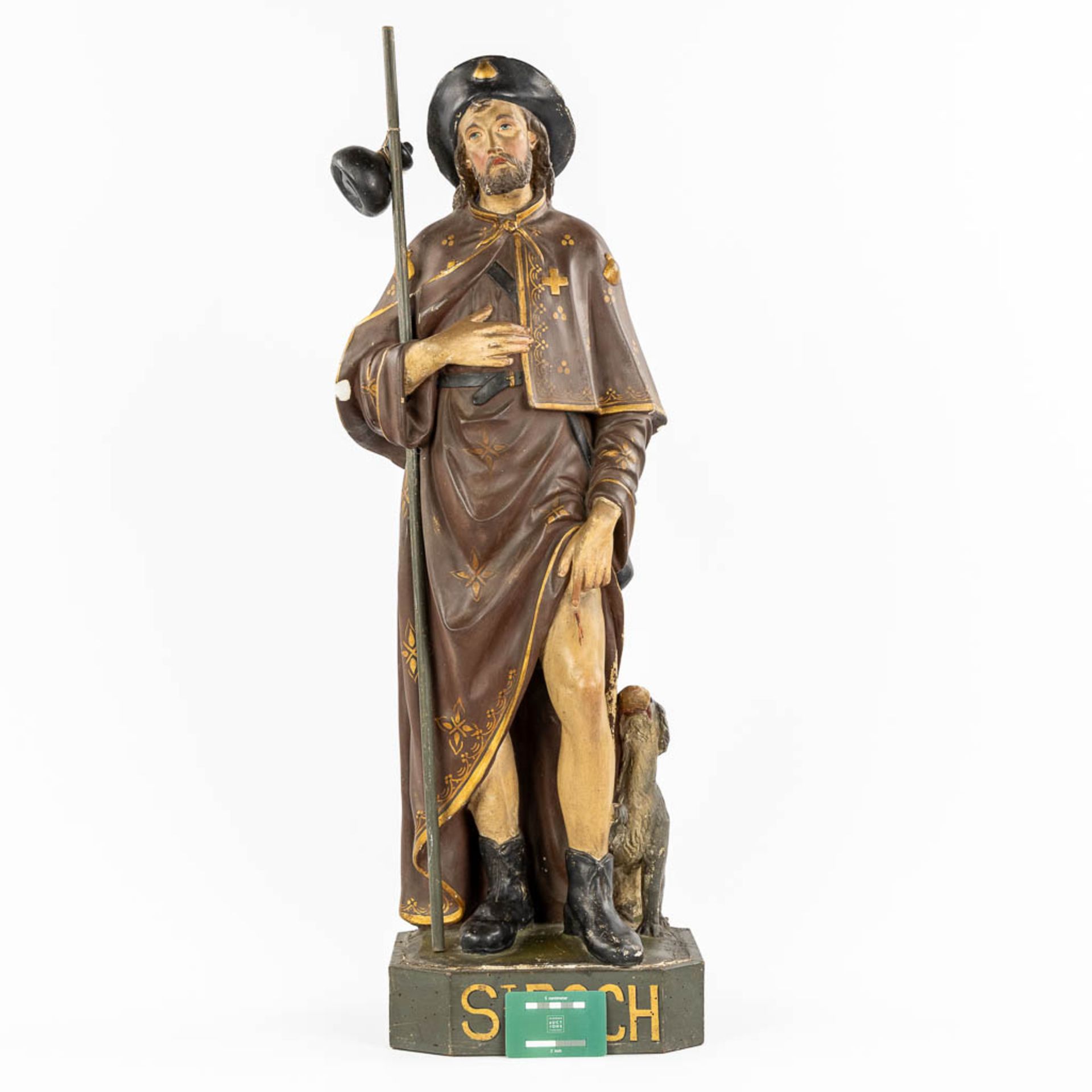 An antique figurine of Saint Rochus, patinated plaster. Circa 1900. (L:27 x W:27 x H:88 cm) - Image 2 of 16