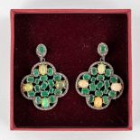 A pair of earrings, silver with facetted emeralds, cabochon opal's and 'old cut' diamonds. 23,79g. (
