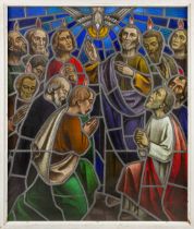 A religious stained glass with an image of the '12 apostles and the holy spirit'. 20th C. (W:87 x H: