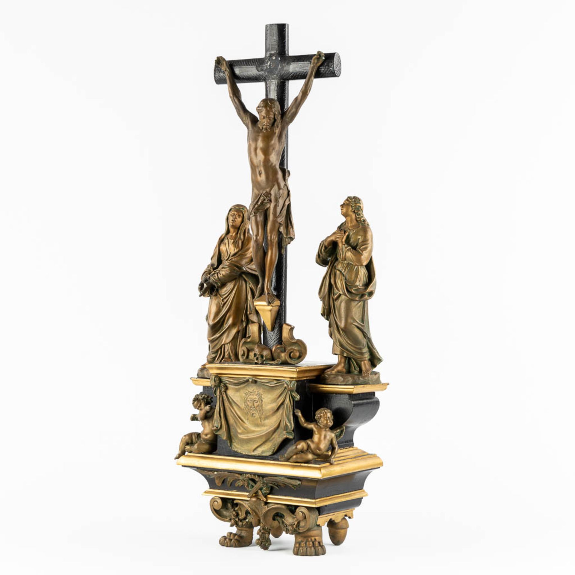 A large crucifix with a 3-piece golgotha, Veil of Veronica, patinated white clay. Circa 1900. (L:16 - Image 3 of 18