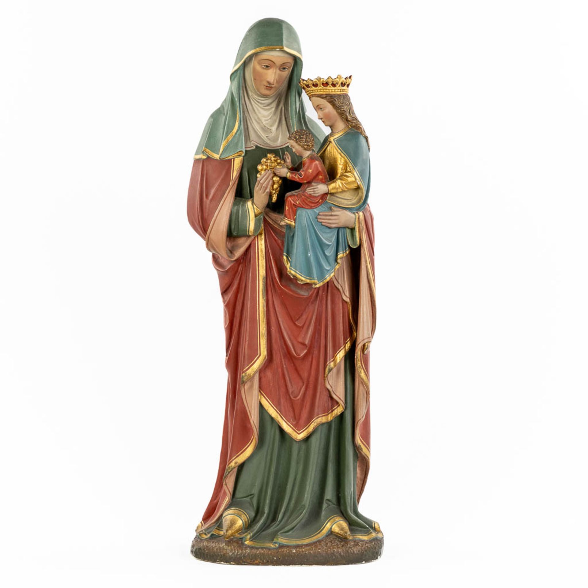 An antique figurine 'Virgin and Child with Saint Anne' patinated plaster. Circa 1900. (L:23 x W:27 x