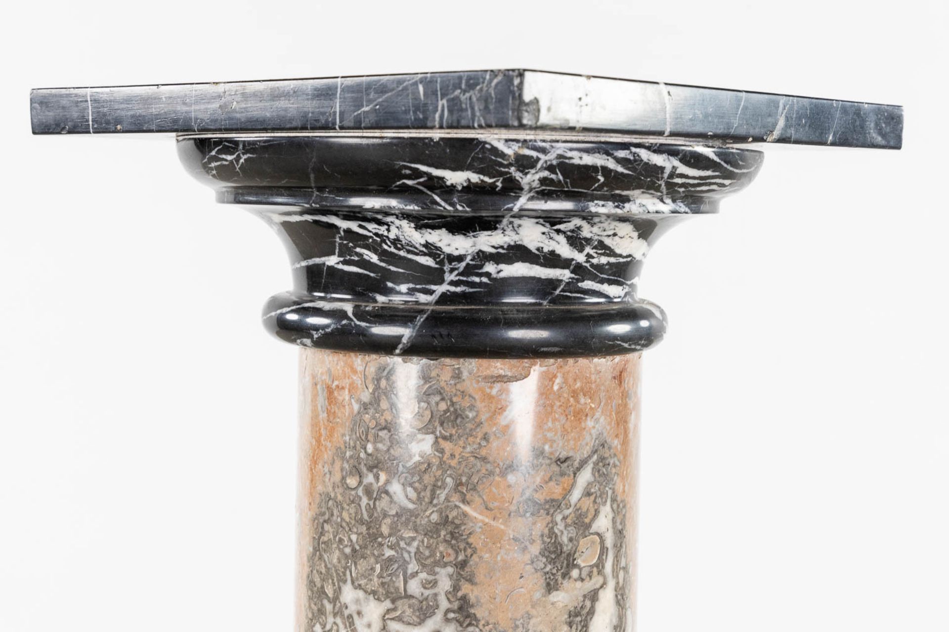 An antique pedestal, black, grey and brown marble. Circa 1900. (L:27 x W:27 x H:115 cm) - Image 6 of 9