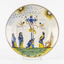 An antique plate with a 'Golgotha', polychrome faience. Signed Francois Caus, Pinxit, 1785, but 19th