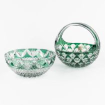 Val Saint Lambert, two green, cut crystal bowls. (H:24 x D:25 cm)