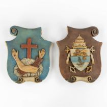 A pair of wood-sculptured coat of arms with Papal &amp; Franciscan heraldry. (W:27 x H:32 cm)