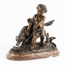 Auguste PEIFFER (1832-1886) 'Boy and his dog' patinated bronze. (L:20 x W:45 x H:39 cm)