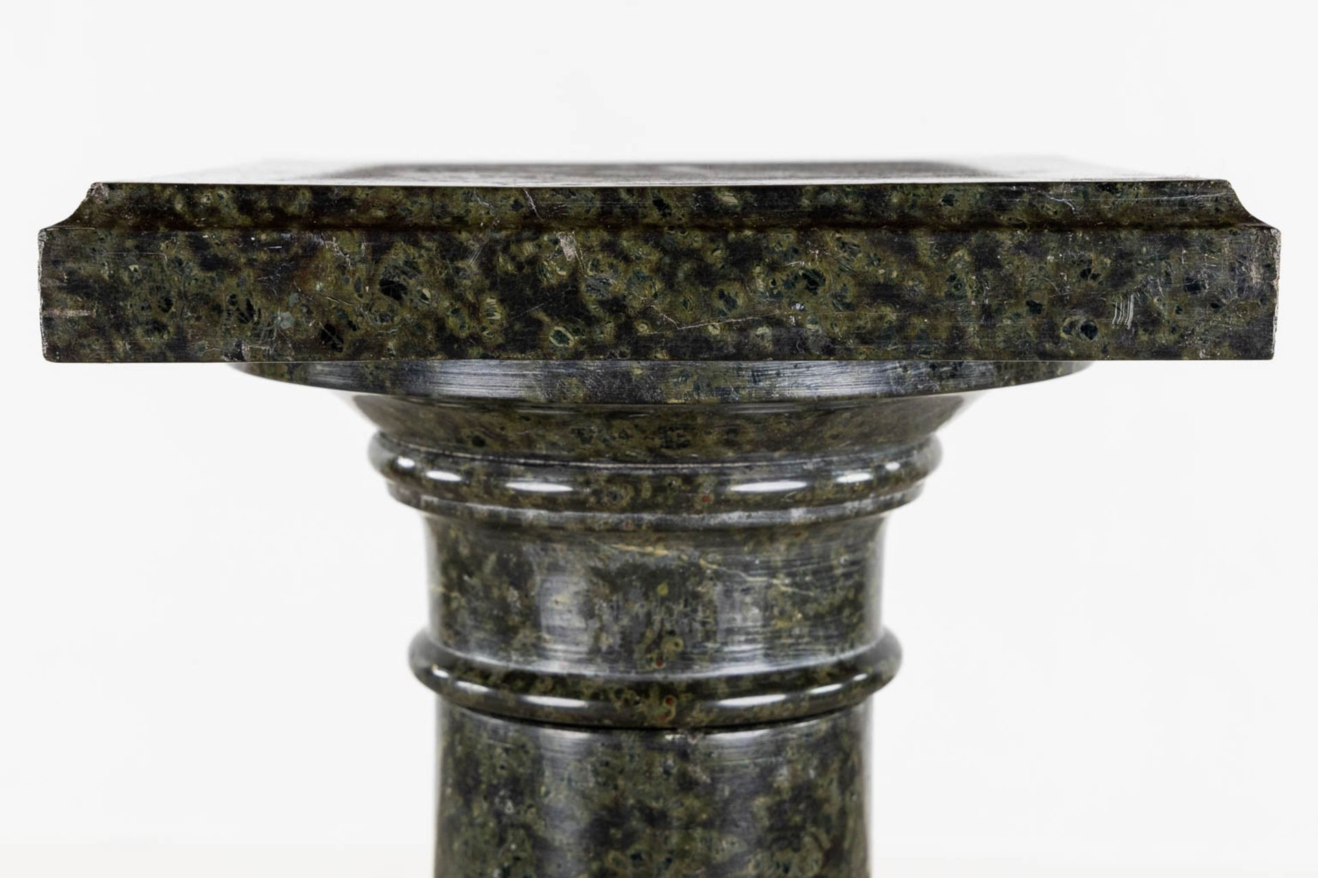 An antique black, sculptured marble pedestal. 19th C. (L:28 x W:28 x H:107 cm) - Image 3 of 9