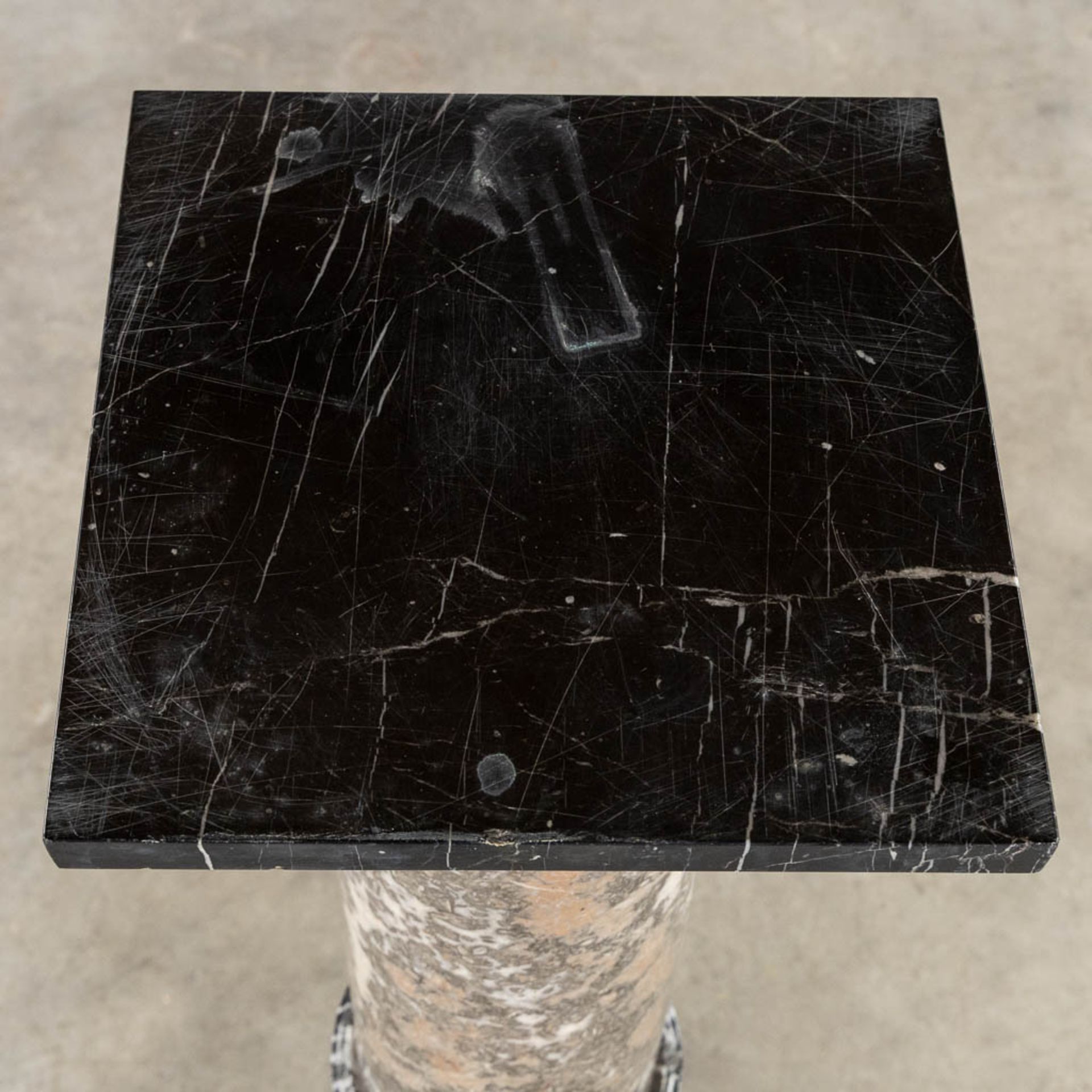 An antique pedestal, black, grey and brown marble. Circa 1900. (L:27 x W:27 x H:115 cm) - Image 7 of 9