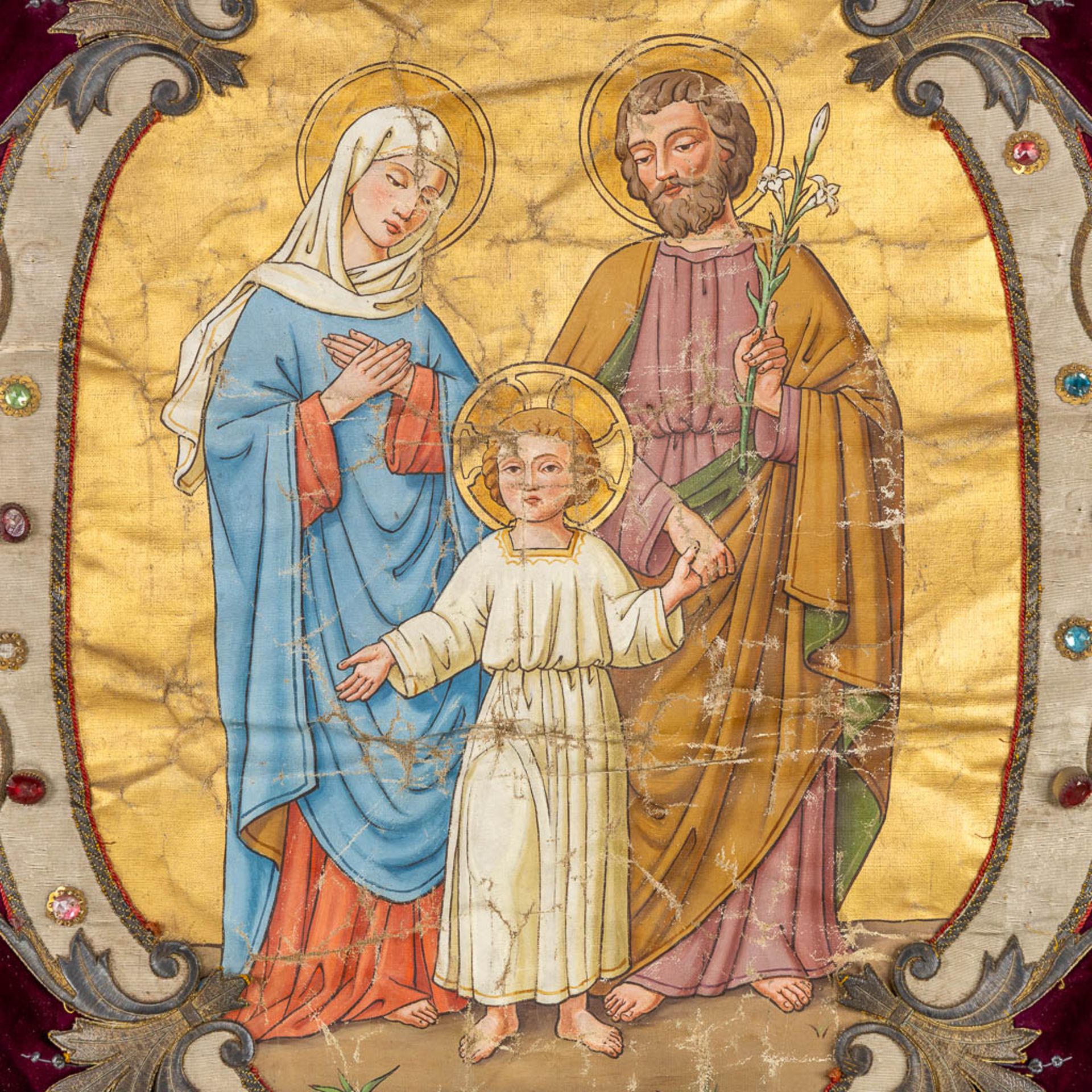 An antique banner with thick gold-thread embroideries and an image of 'The Holy Family'. (W:100 x H: - Image 5 of 12