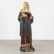 An antique figurine 'Saint Bridget of Sweden' patinated plaster. Circa 1900. (L:36 x W:37 x H:137 cm