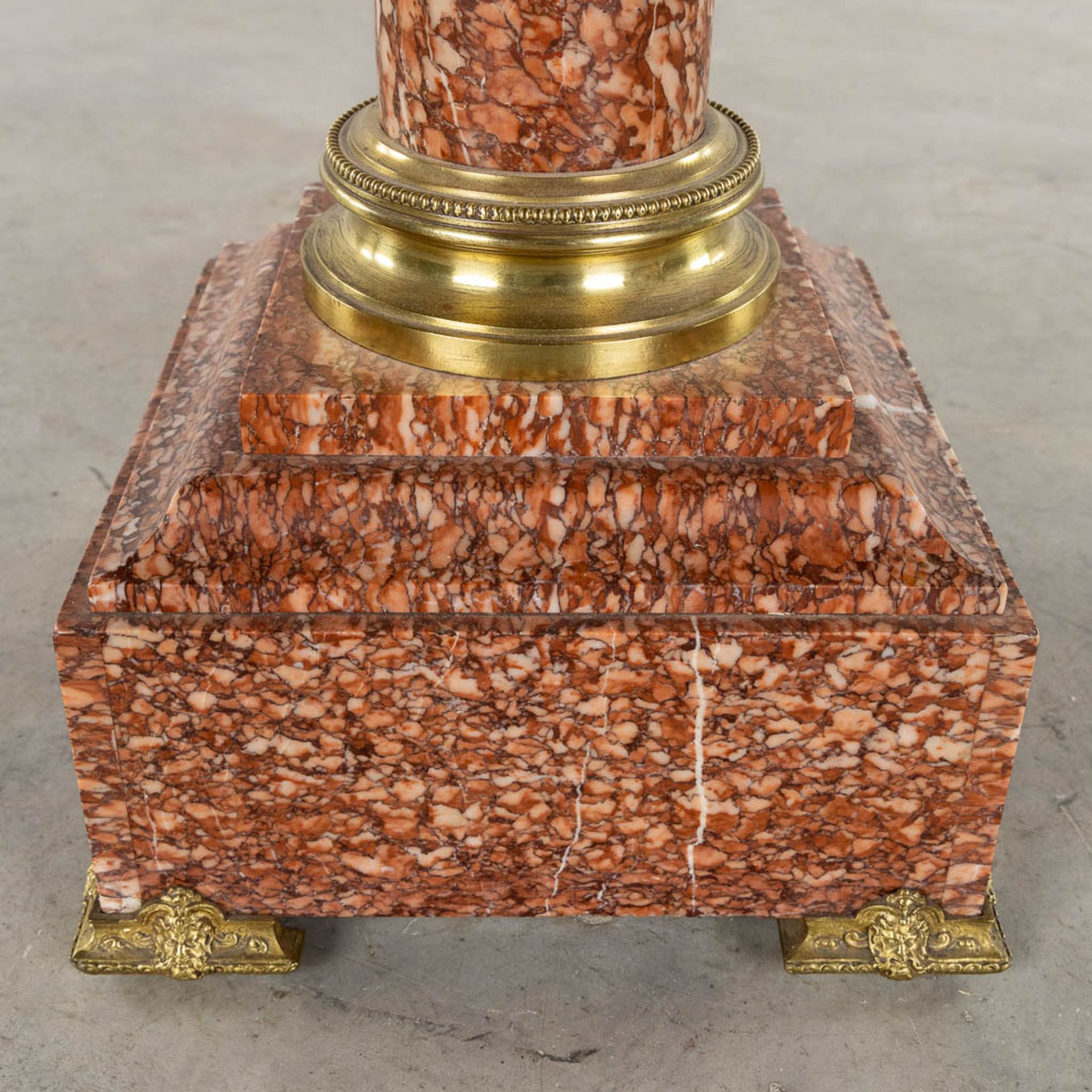 An antique sculptured red marble pedestal, mounted with bronze. Circa 1900. (L:30 x W:30 x H:103 cm) - Image 6 of 7