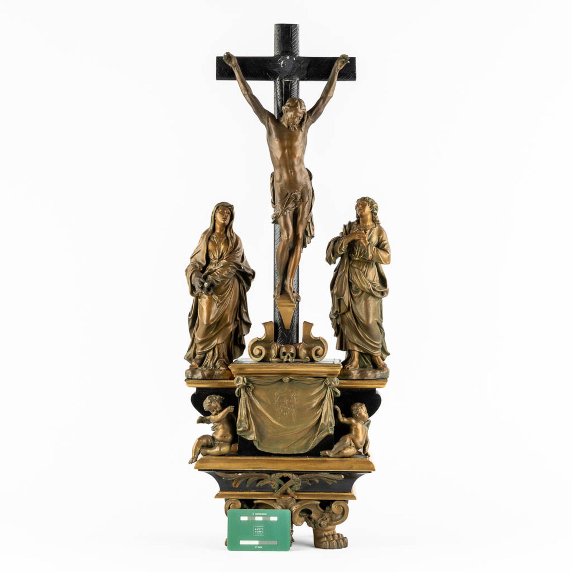 A large crucifix with a 3-piece golgotha, Veil of Veronica, patinated white clay. Circa 1900. (L:16 - Image 2 of 18