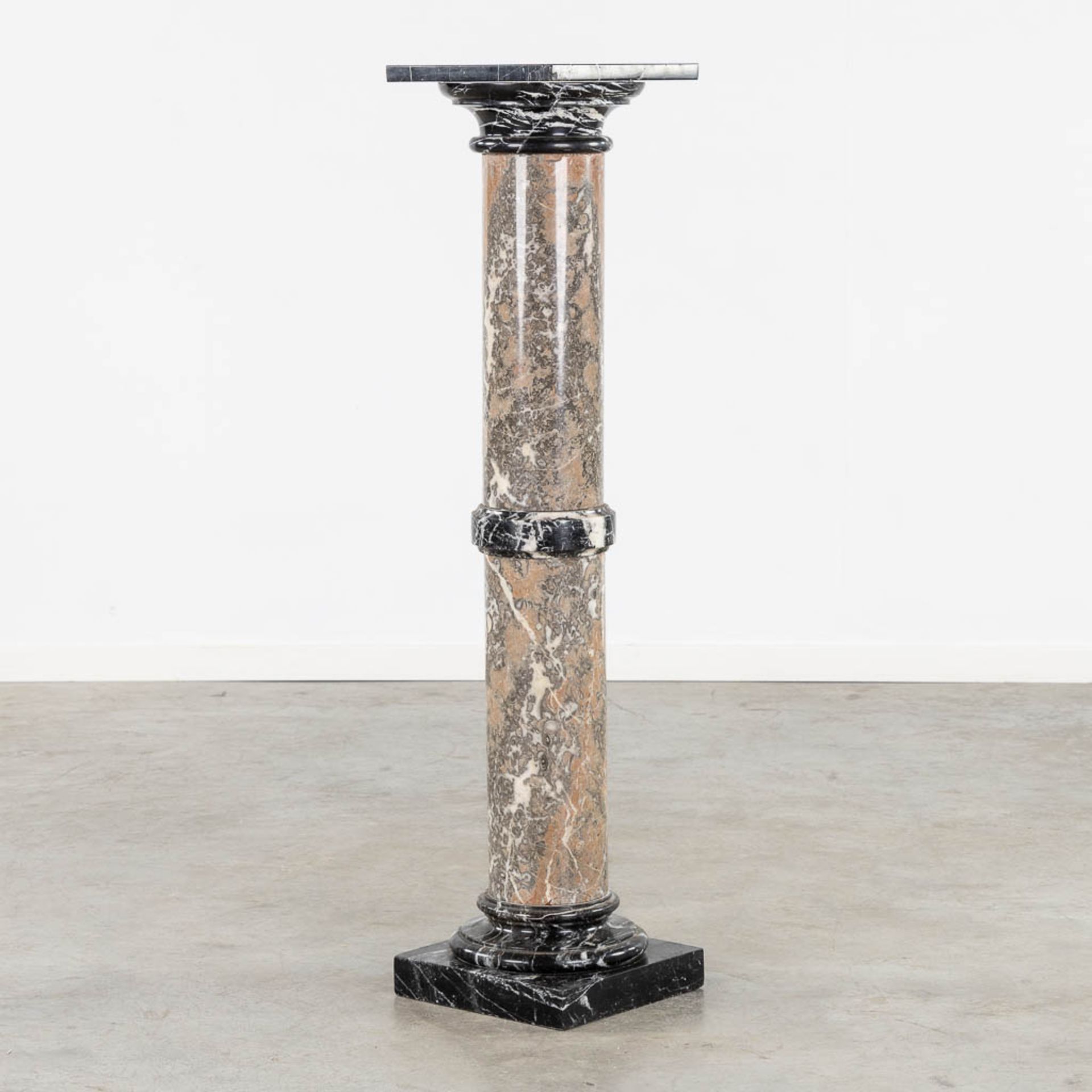 An antique pedestal, black, grey and brown marble. Circa 1900. (L:27 x W:27 x H:115 cm) - Image 3 of 9
