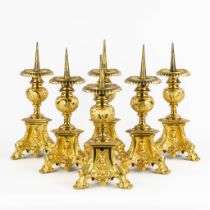 Six Church candlesticks, bronze in a Baroque style with images of Jesus, Mary and Joseph. (H:42 x D: