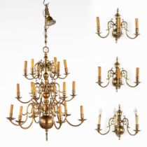 A three-level Flemish chandelier, bronze. Added three matching wall lamps. Circa 1950. (H:107 x D:90