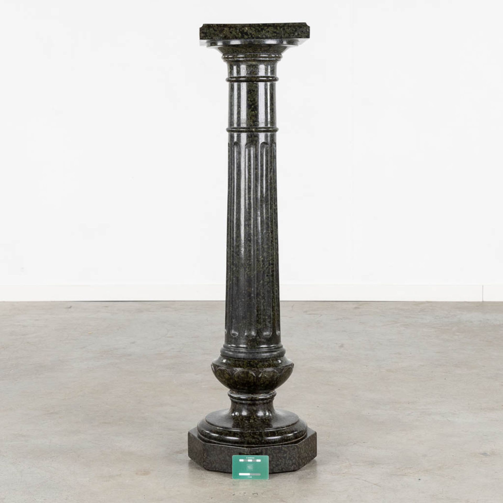 An antique black, sculptured marble pedestal. 19th C. (L:28 x W:28 x H:107 cm) - Image 2 of 9