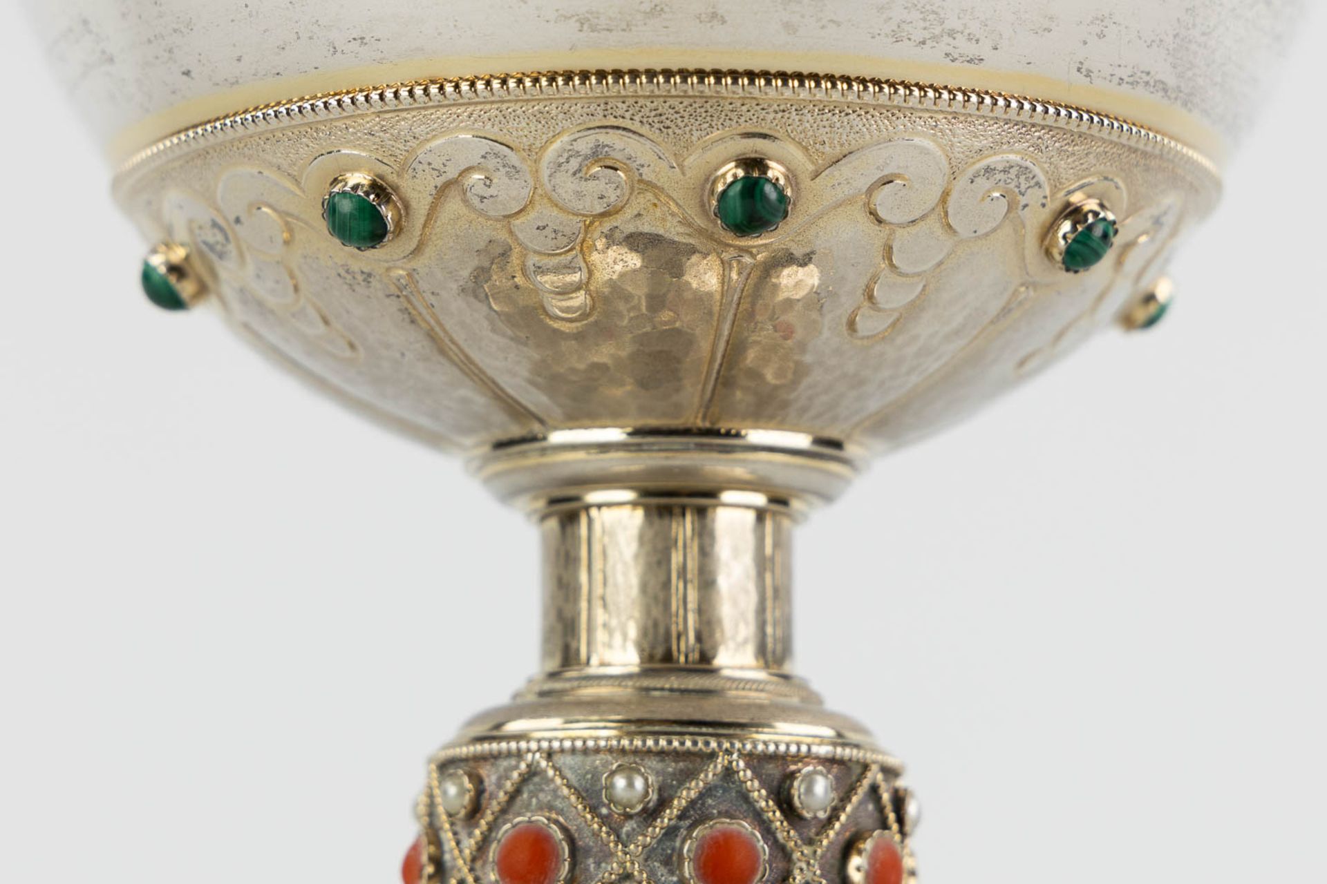 Joh ALOYS BRUUN (XIX) A chalice with paten, silver decorated with cabochons, malachite and pearls. G - Image 14 of 17