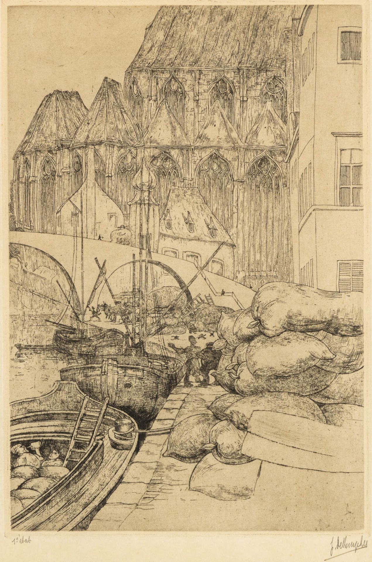 Jules DE BRUYCKER (1870-1945) 'Quai Au Blé/Korenlei Ghent' an etching. (W:16 x H:23 cm)