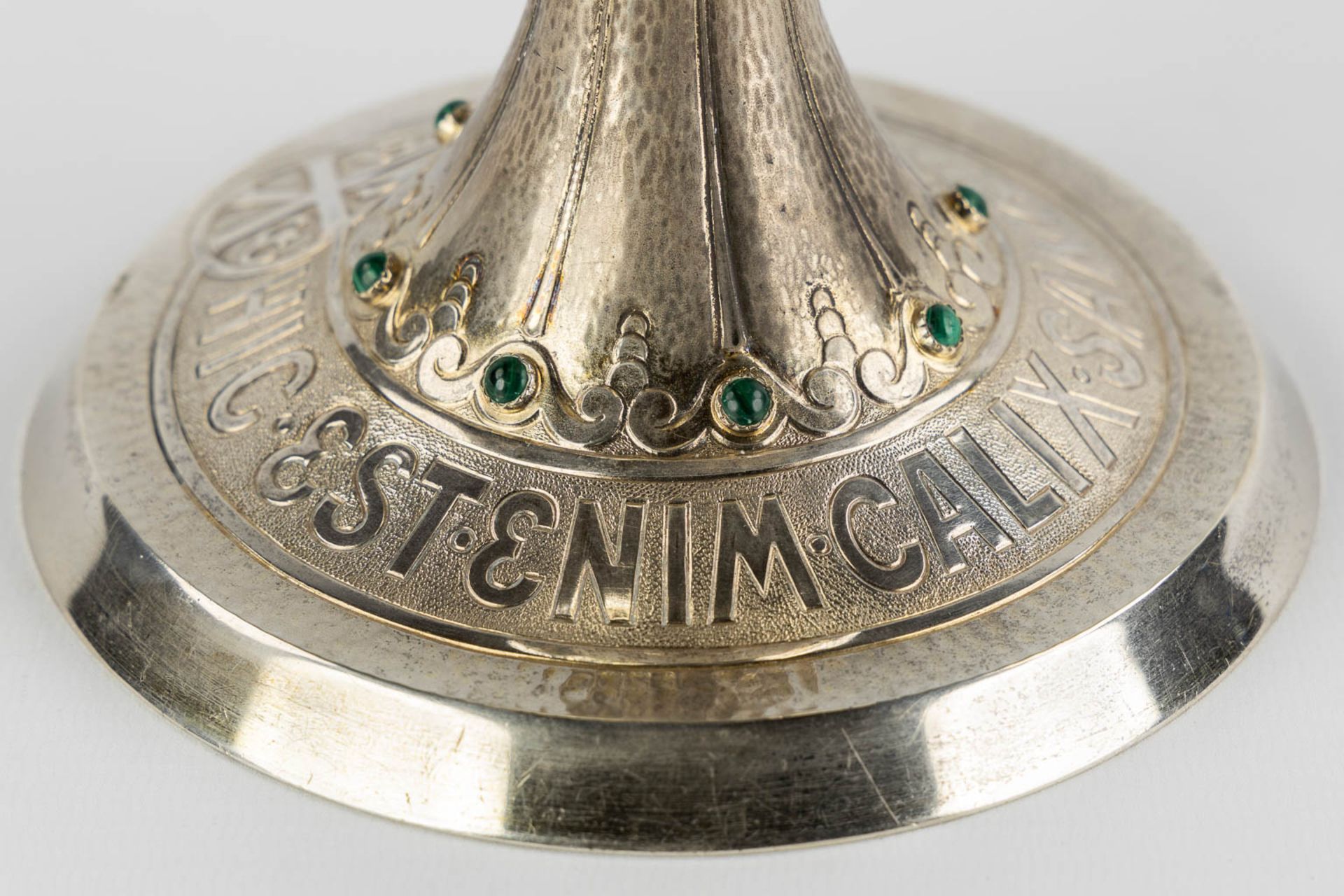 Joh ALOYS BRUUN (XIX) A chalice with paten, silver decorated with cabochons, malachite and pearls. G - Image 11 of 17